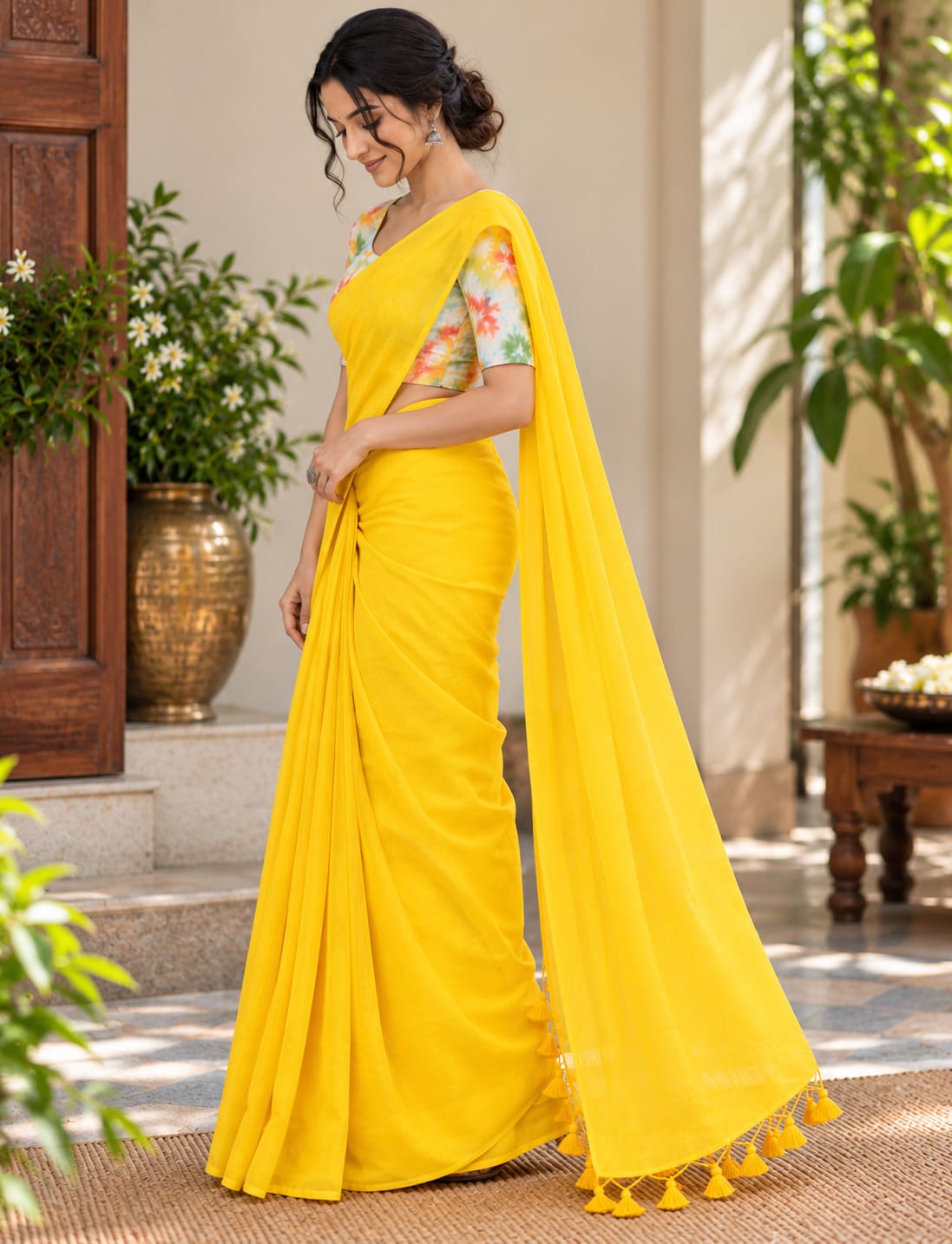 Bright Yellow Tassel Pallu Festive Saree with Floral Blouse - image 7