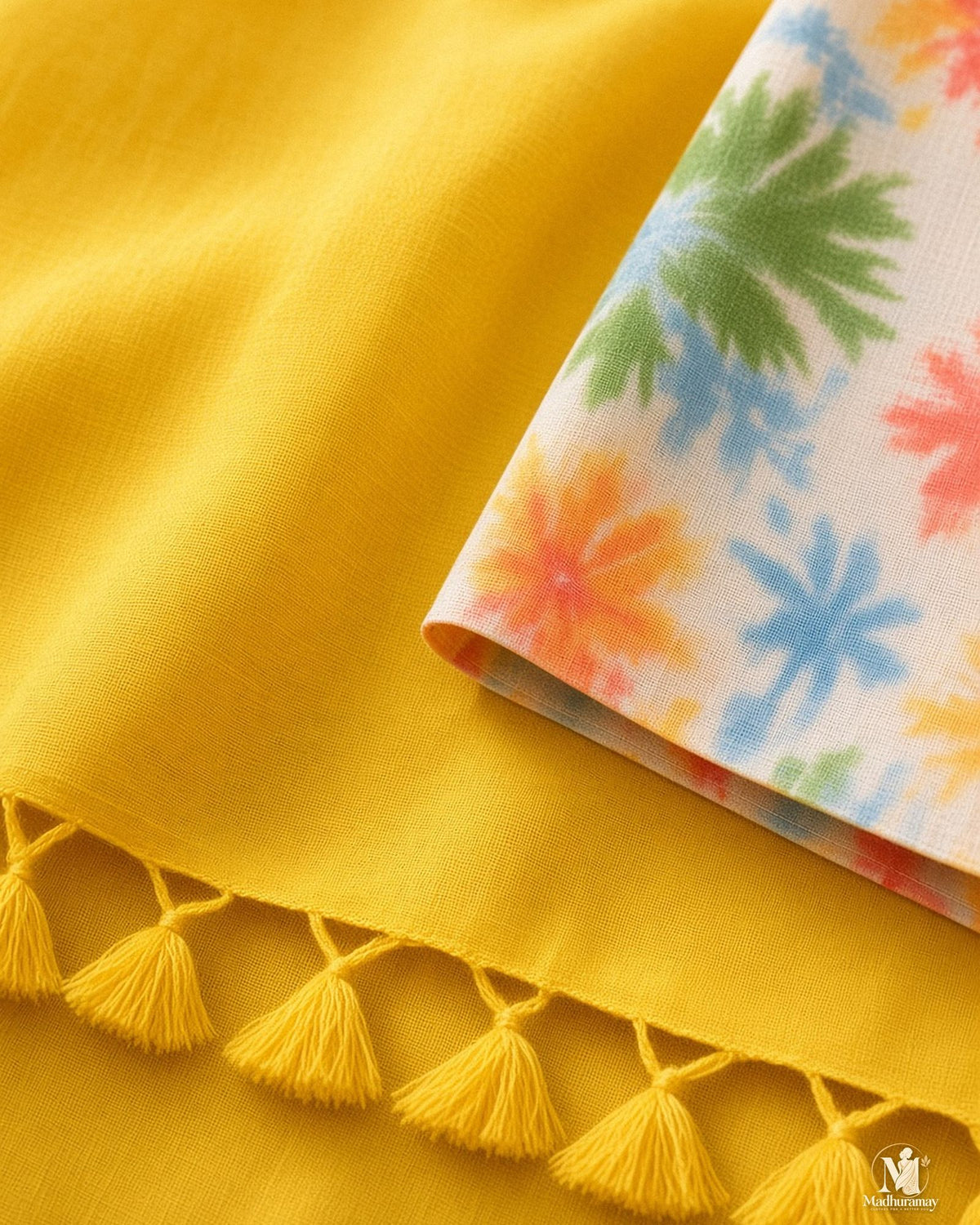 Bright Yellow Tassel Pallu Festive Saree with Floral Blouse - image 4