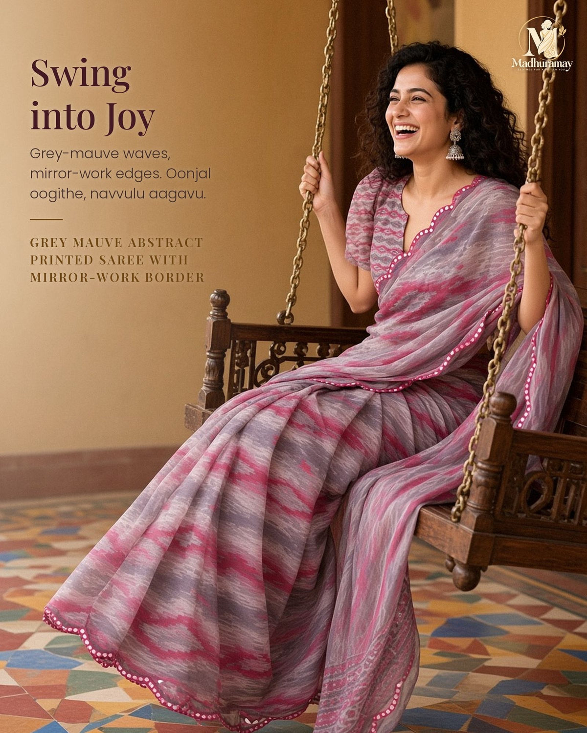 Grey Mauve Abstract Festive Saree with Mirror-Work Border - image 1