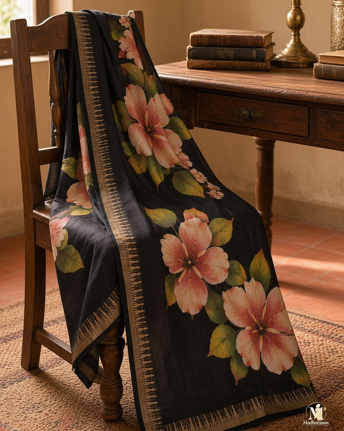Black Festive Bloom Saree with Zari Border - image 5