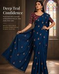 Royal Teal Blue Rose Bud Embroidered Festive Saree with Purple Embroidered Blouse - image 1