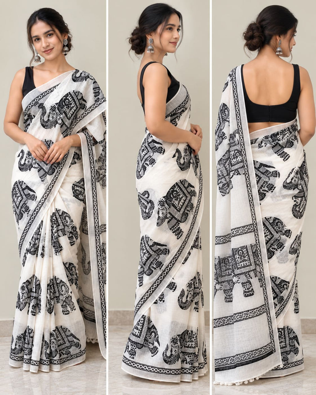 White & Black Elephant Motif Festive Saree - image 8