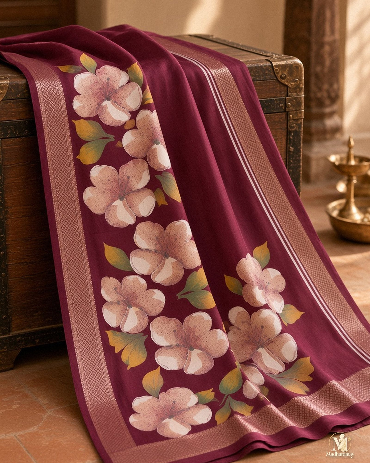 Maroon Festive Bloom Saree with Zari Border - image 5