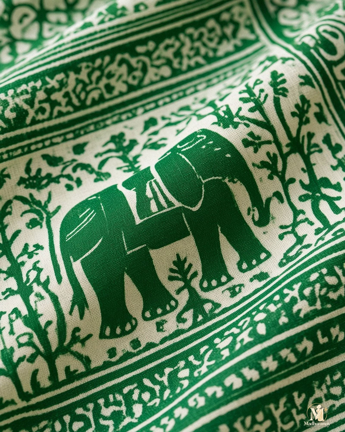 Light Green & White Utsav Kalamkari Elephant Saree - image 4