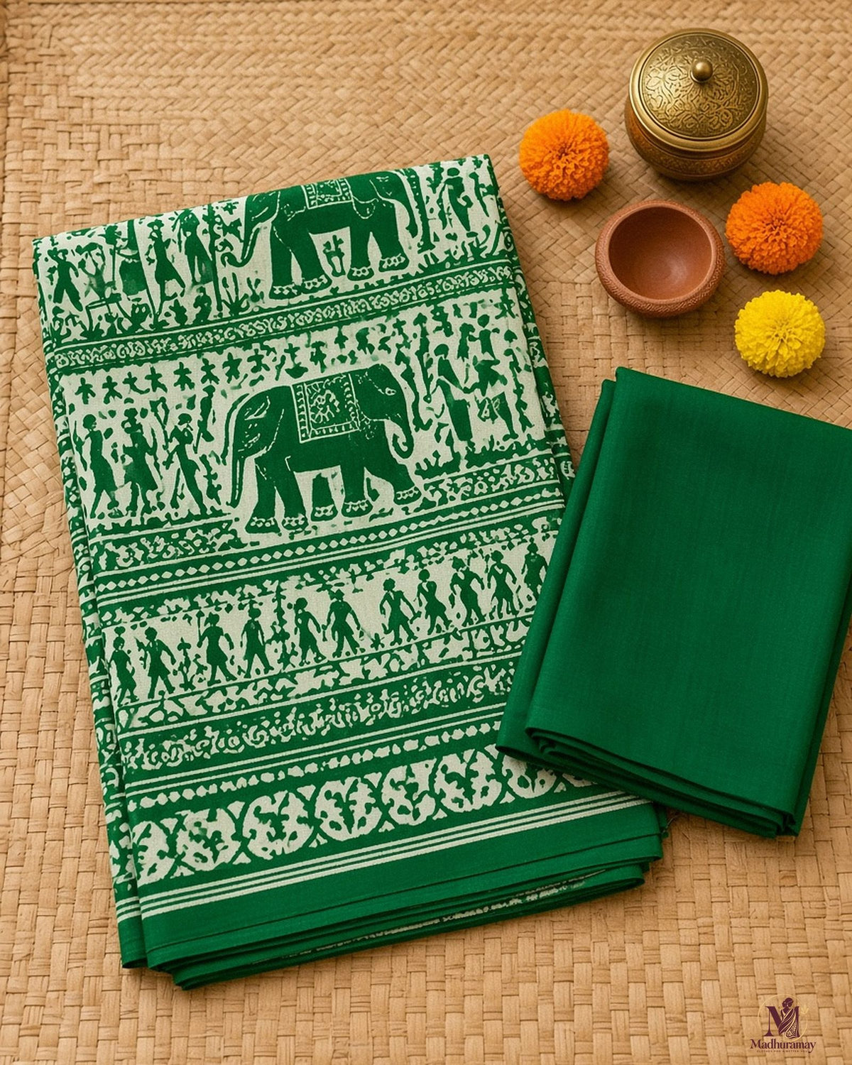 Light Green & White Utsav Kalamkari Elephant Saree - image 3
