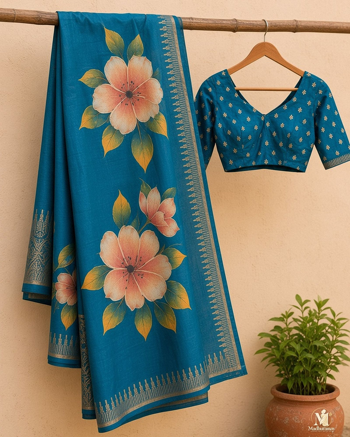 Teal Blue Festive Bloom Saree with Zari Border - image 2
