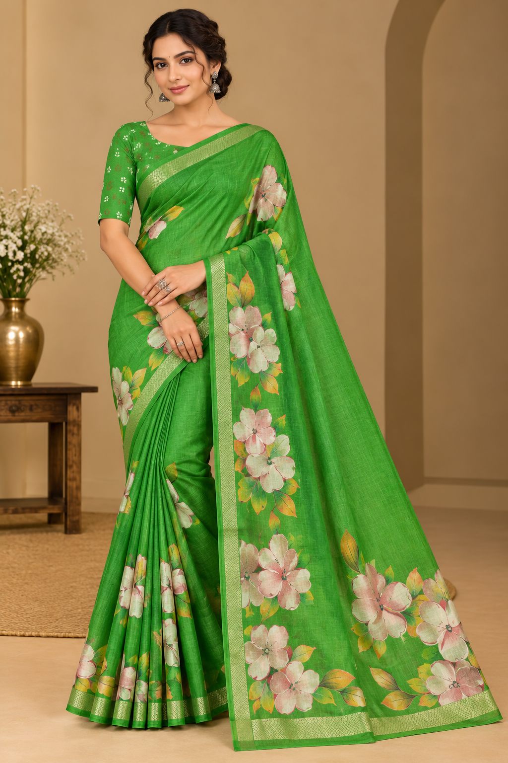 Green Festive Bloom Saree with Zari Border - image 6