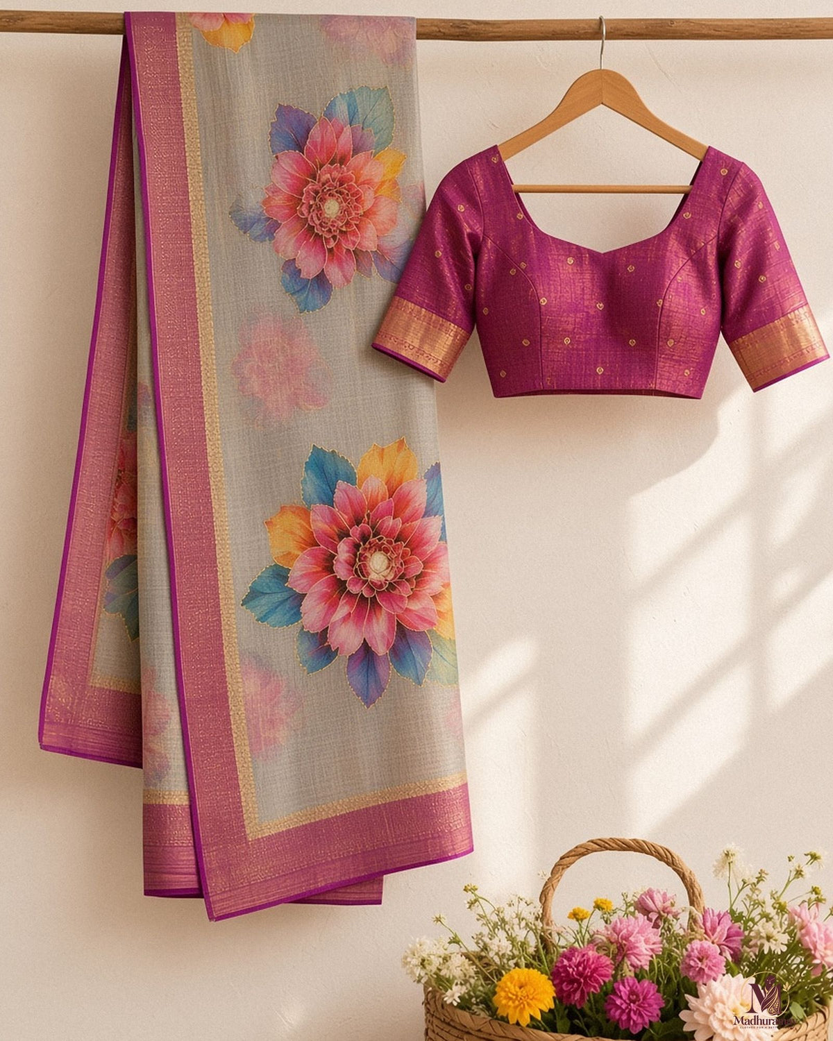 Grey Golden Garden Festive Saree with Purple Border - image 2