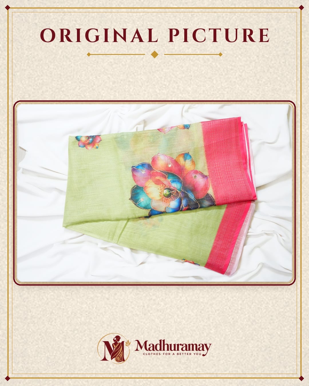 Leaf Green Golden Garden Festive Saree with Coral Border - image 3
