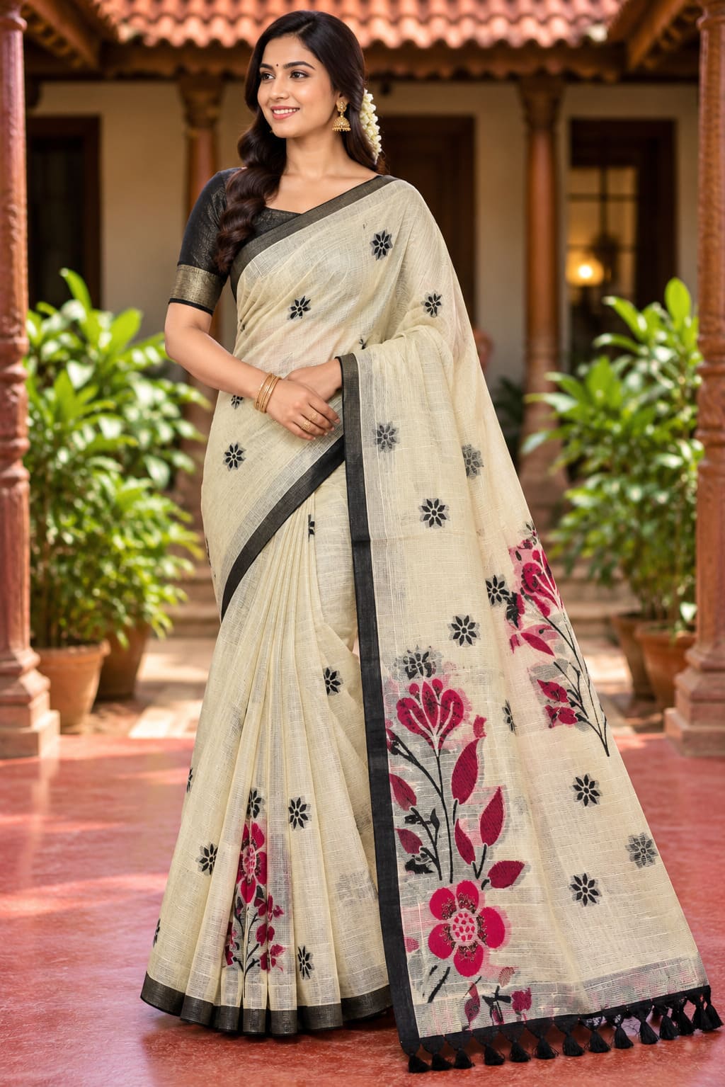 Ivory Beige Botanical Pallu Festive Saree - image 6