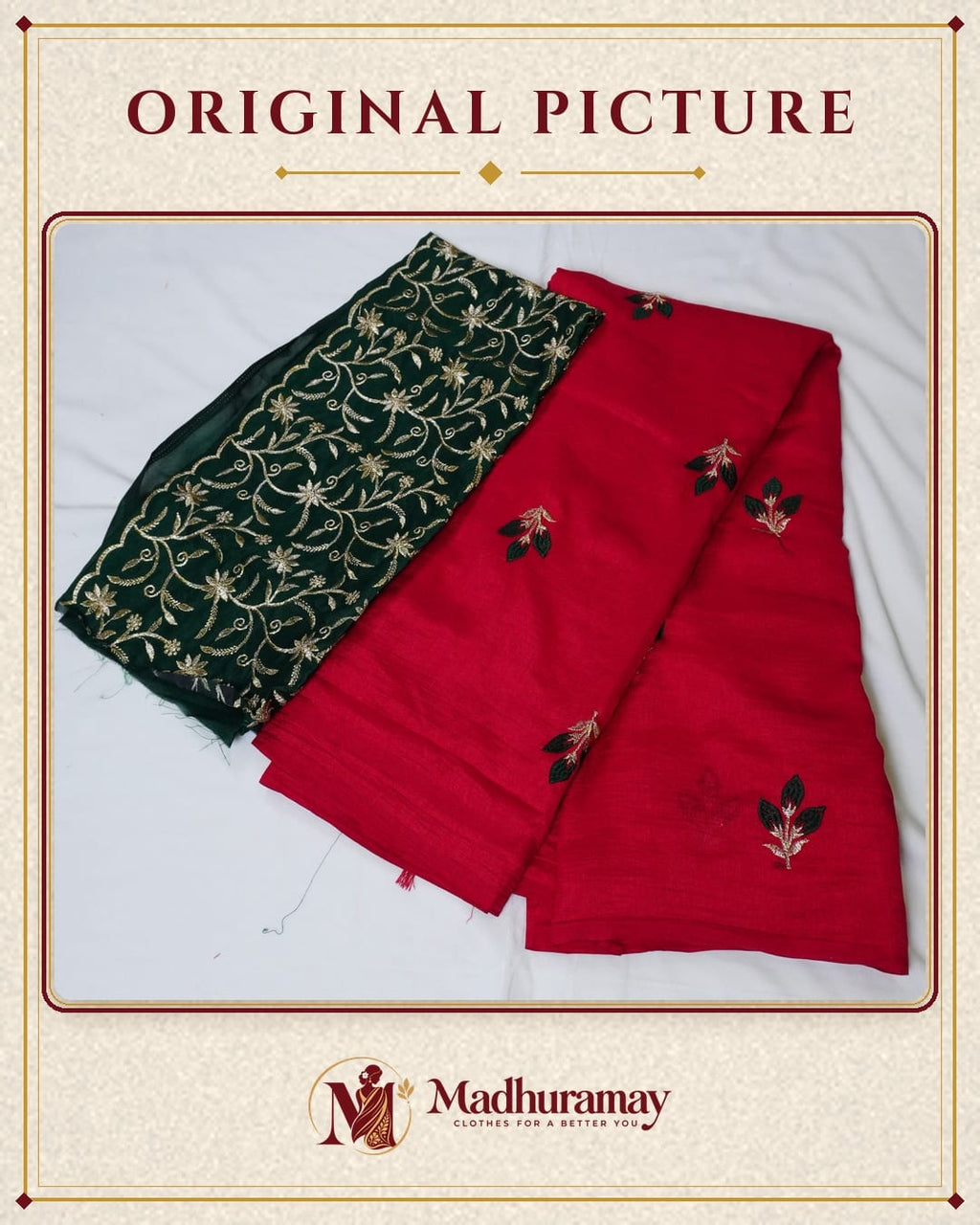 Royal Red Rose Bud Embroidered Festive Saree with Emerald Embroidered Blouse - image 2