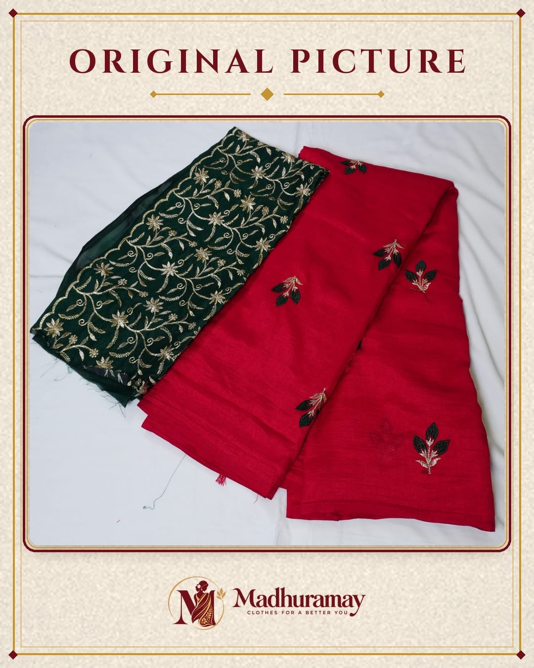 Royal Red Rose Bud Embroidered Festive Saree with Emerald Embroidered Blouse - image 2