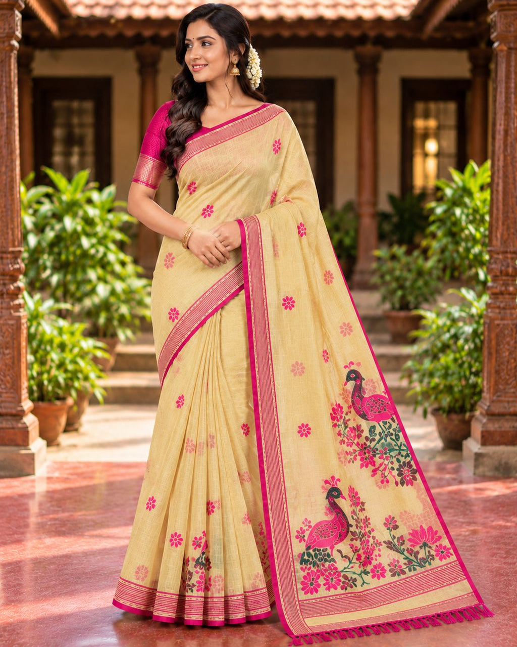 Pale Yellow Peacock Print Festive Saree with Magenta Border - image 6
