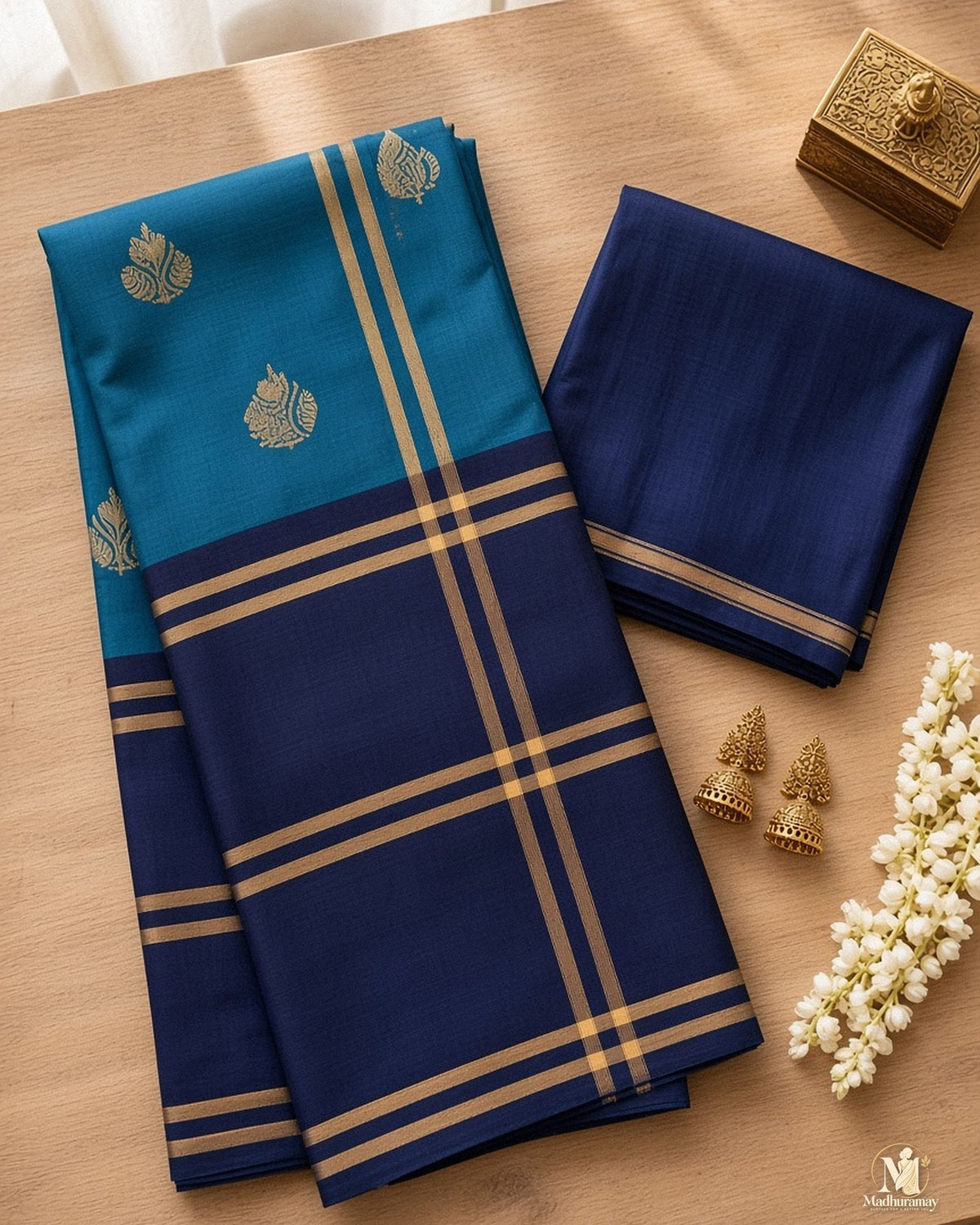 Teal & Navy Golden Heritage Festive Saree - image 3
