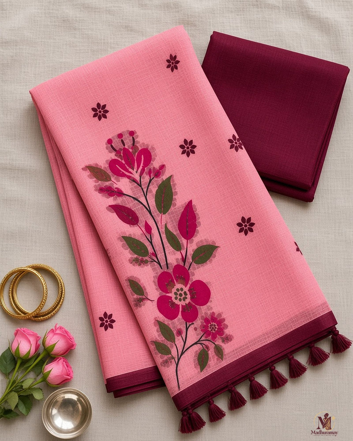 Rose Pink Botanical Pallu Festive Saree - image 3