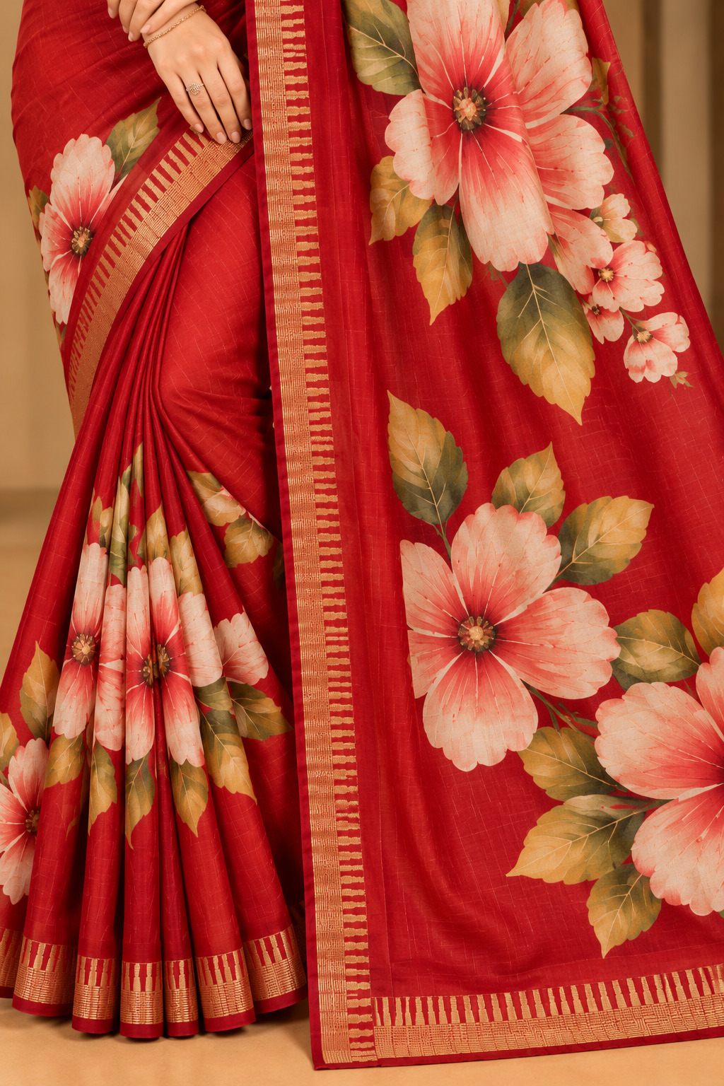 Cherry Red Festive Bloom Saree with Zari Border - image 7