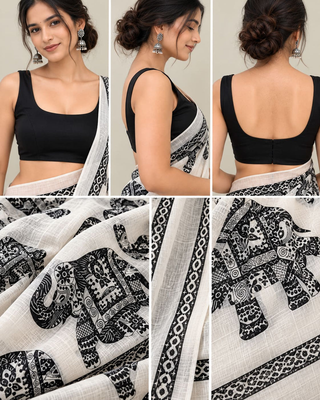 White & Black Elephant Motif Festive Saree - image 7