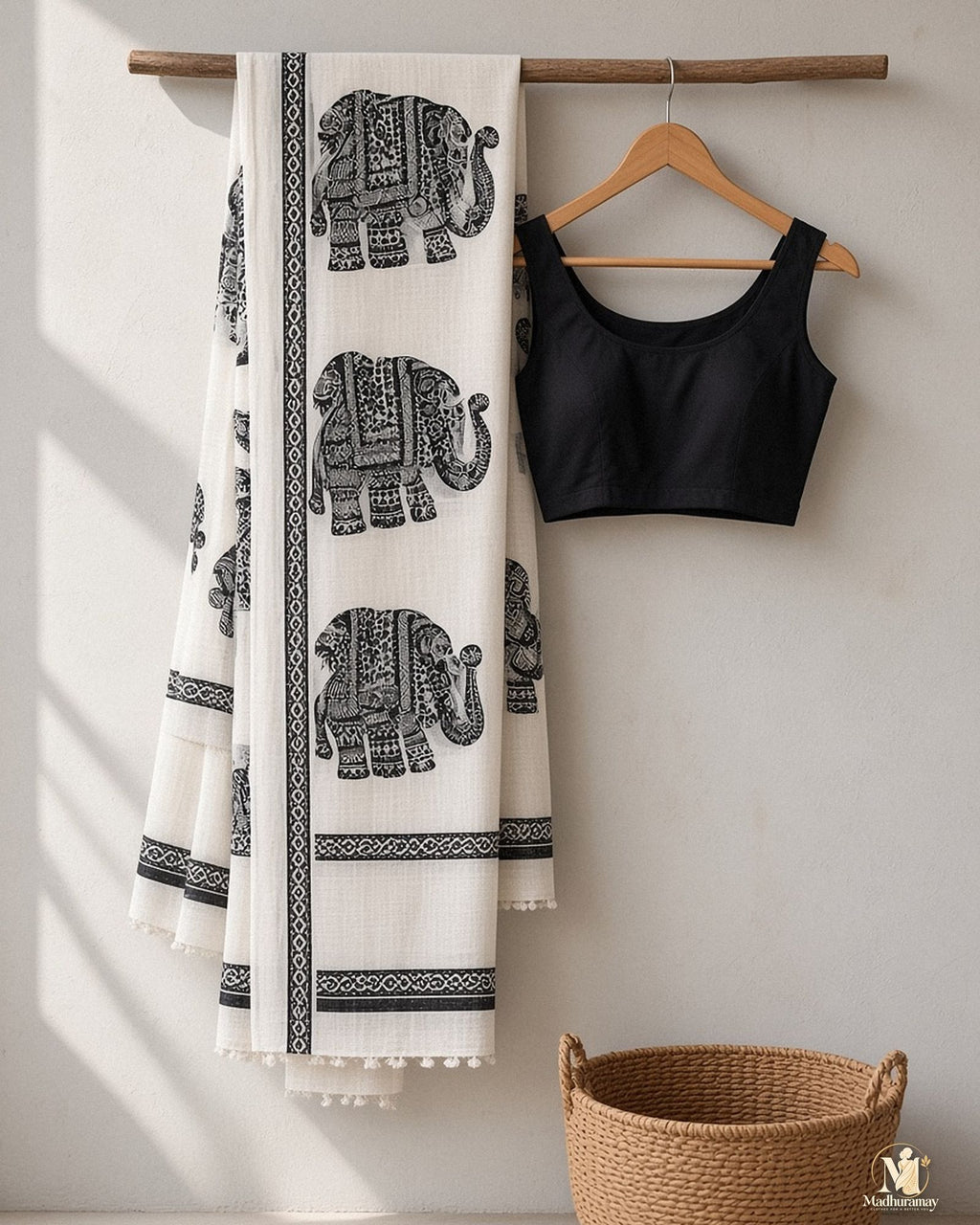 White & Black Elephant Motif Festive Saree - image 2