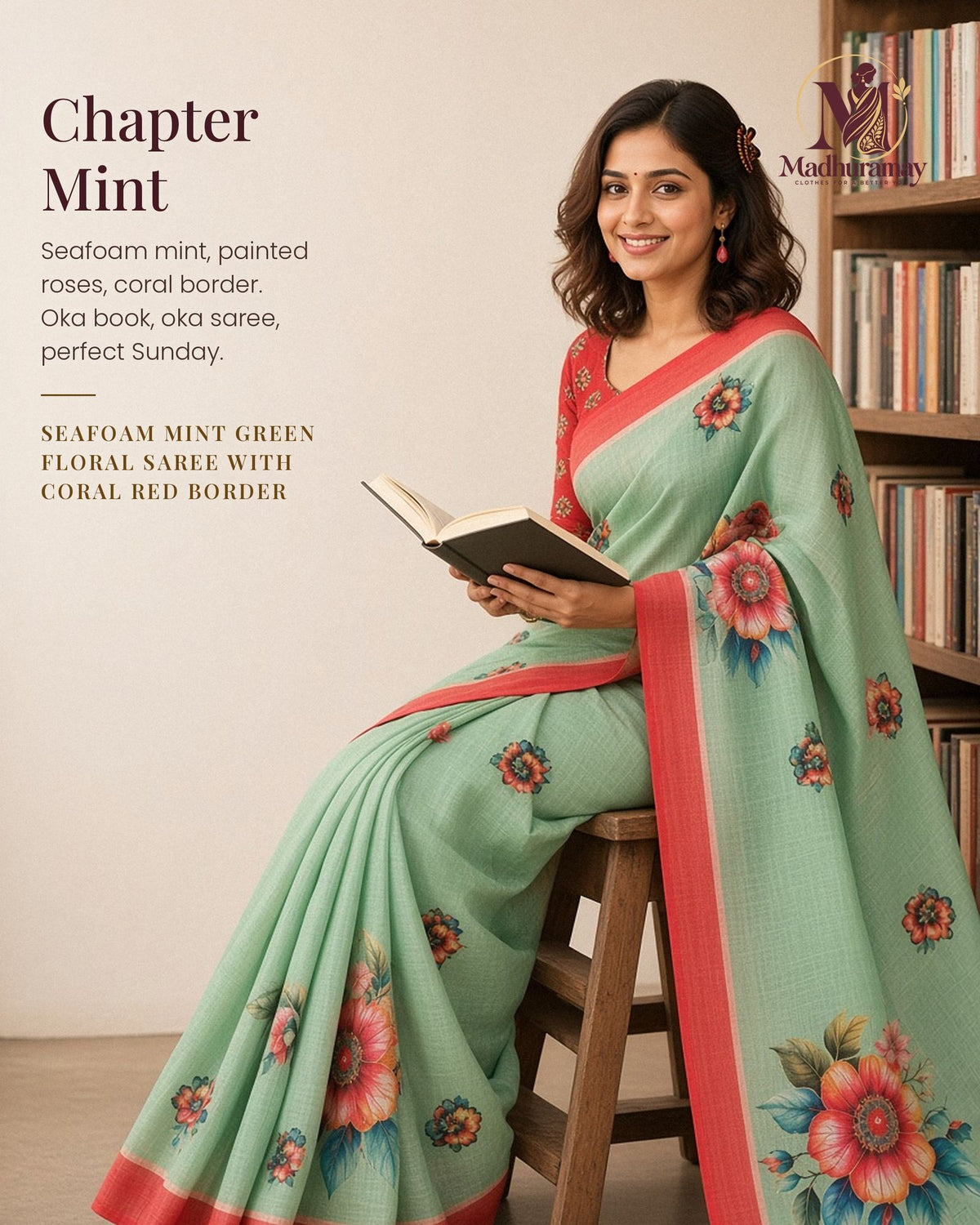 Seafoam Mint Floral Festive Saree with Coral Red Border - image 1