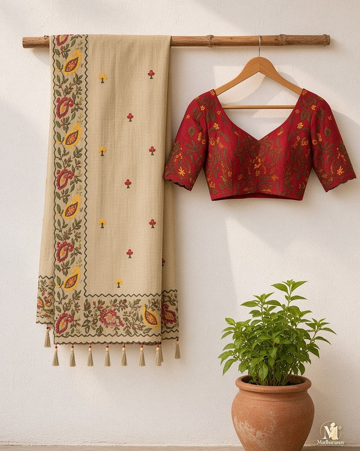 Beige Celebration Blossom Saree with Maroon Blouse - image 2