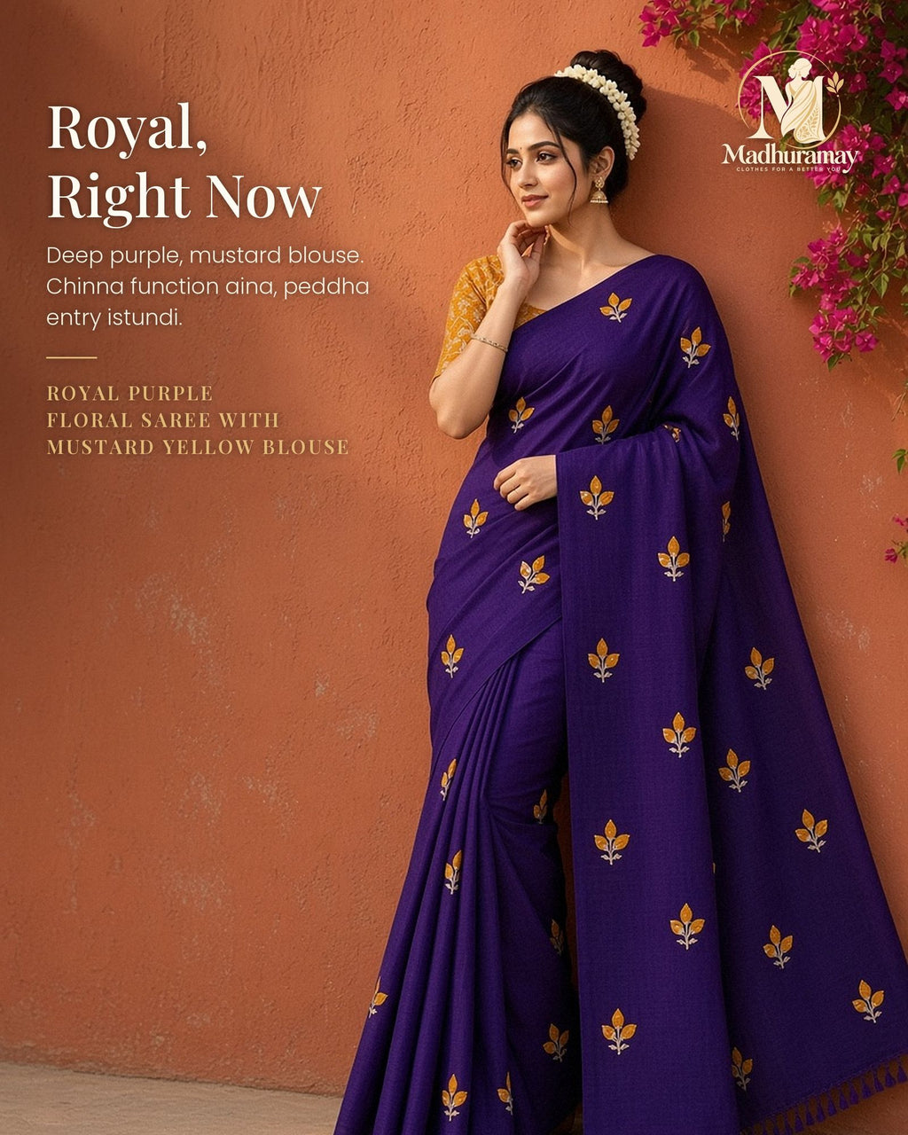 Royal Purple Rose Bud Embroidered Festive Saree with Mustard Blouse - image 1