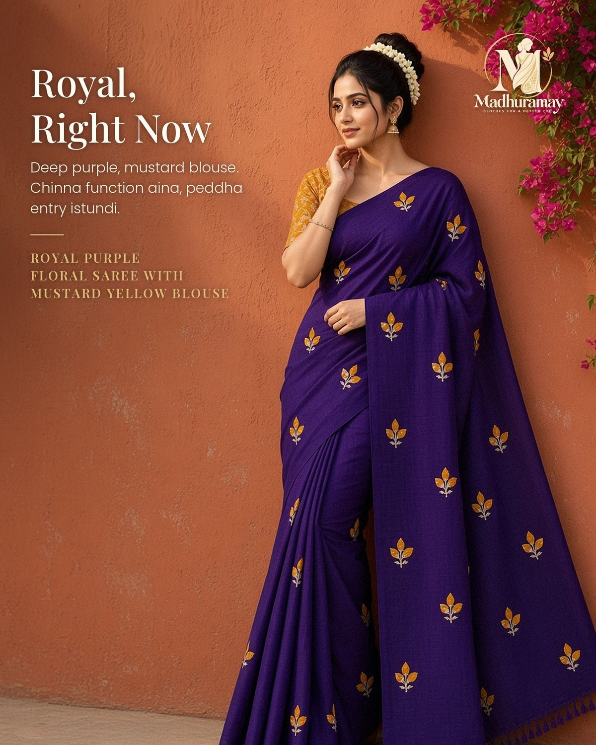 Royal Purple Rose Bud Embroidered Festive Saree with Mustard Blouse - image 1