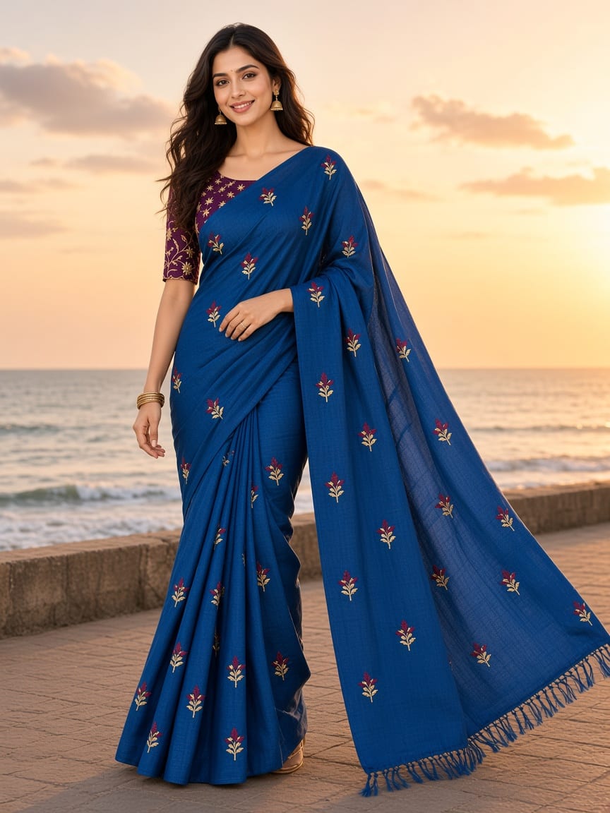 Royal Teal Blue Rose Bud Embroidered Festive Saree with Purple Embroidered Blouse - image 5