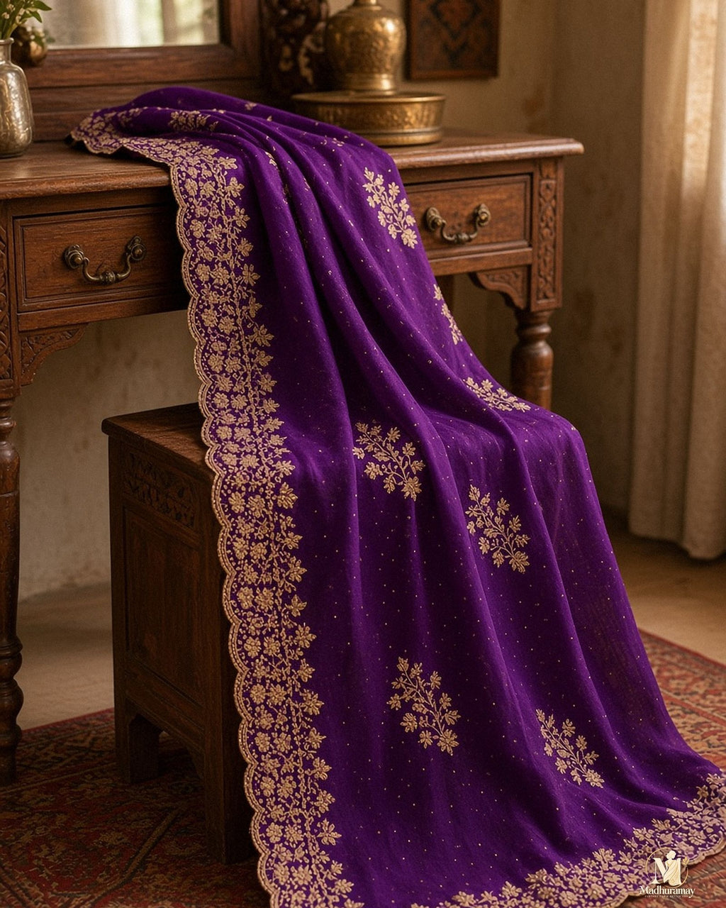 Royal Purple Golden Cutwork Party Glam Saree with Designer Blouse - image 5
