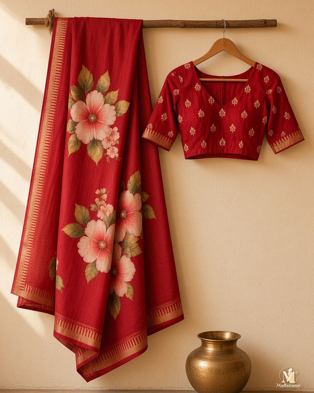 Cherry Red Festive Bloom Saree with Zari Border - image 2