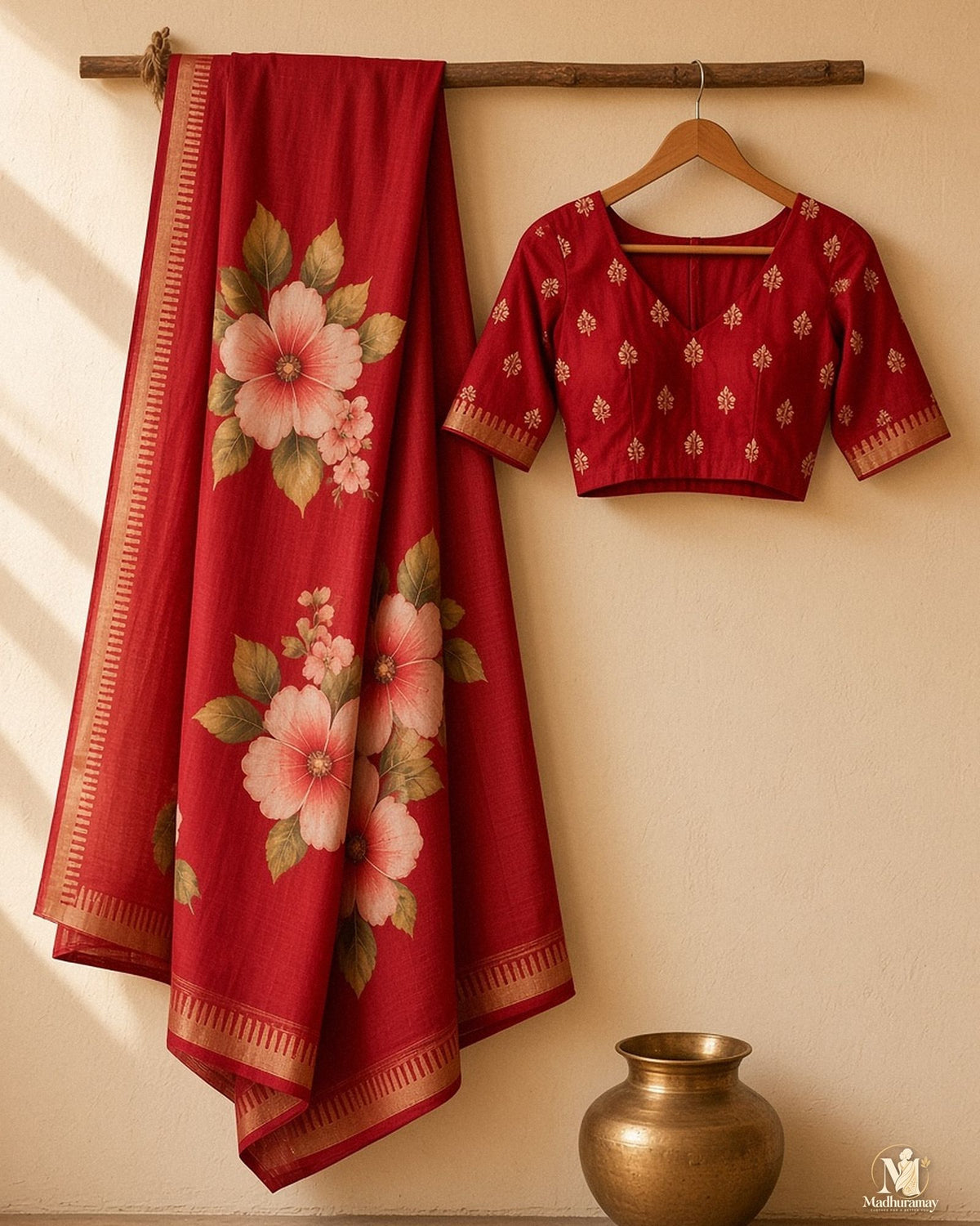 Cherry Red Festive Bloom Saree with Zari Border - image 2