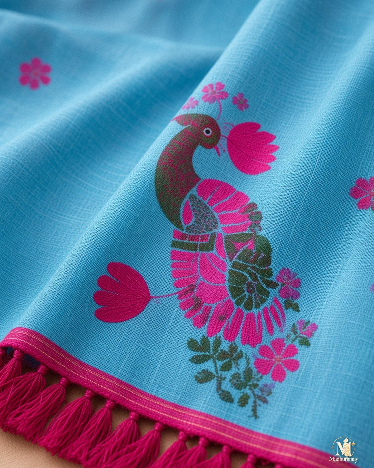 Sky Blue Peacock Print Festive Saree with Magenta Border - image 4