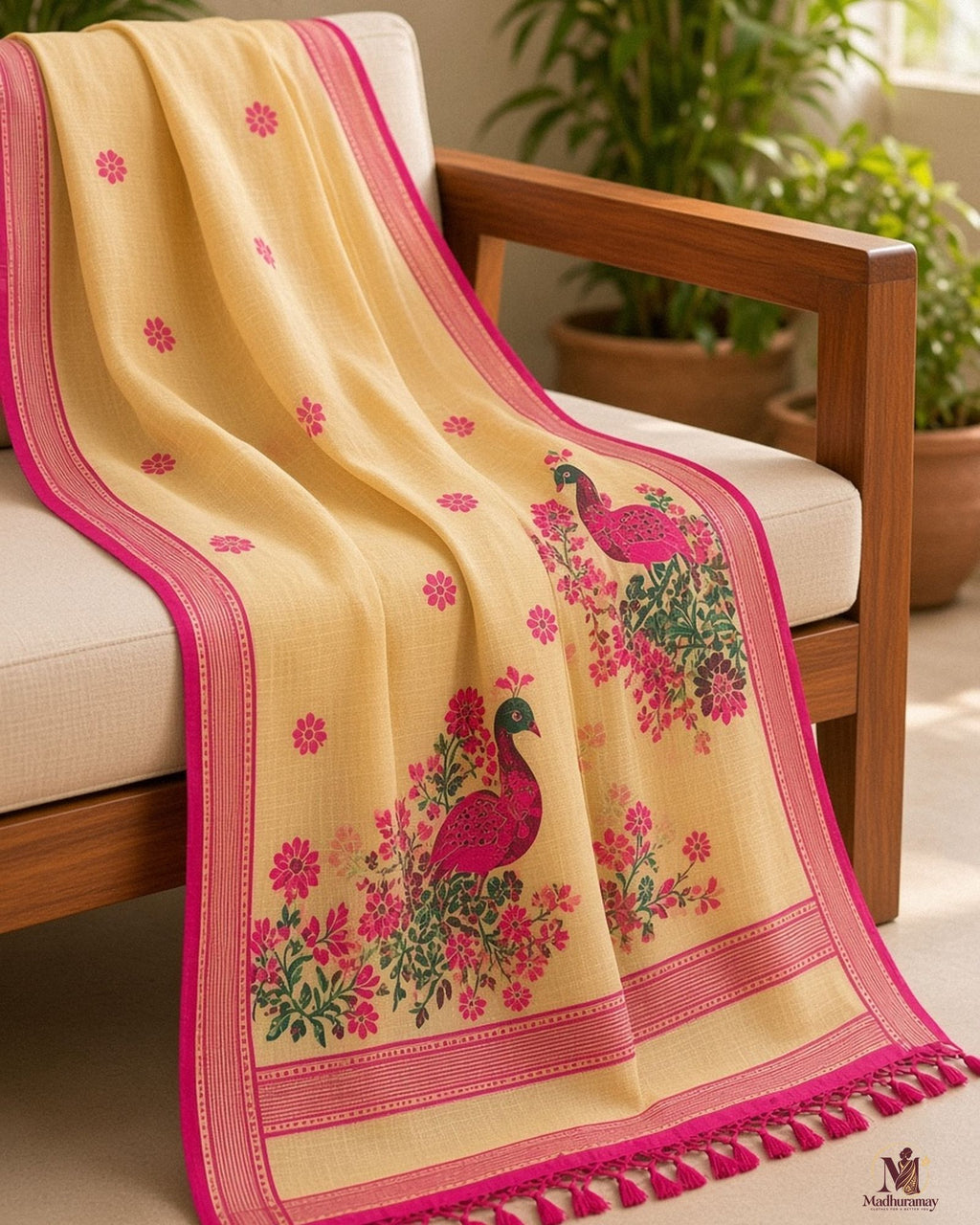 Pale Yellow Peacock Print Festive Saree with Magenta Border - image 5