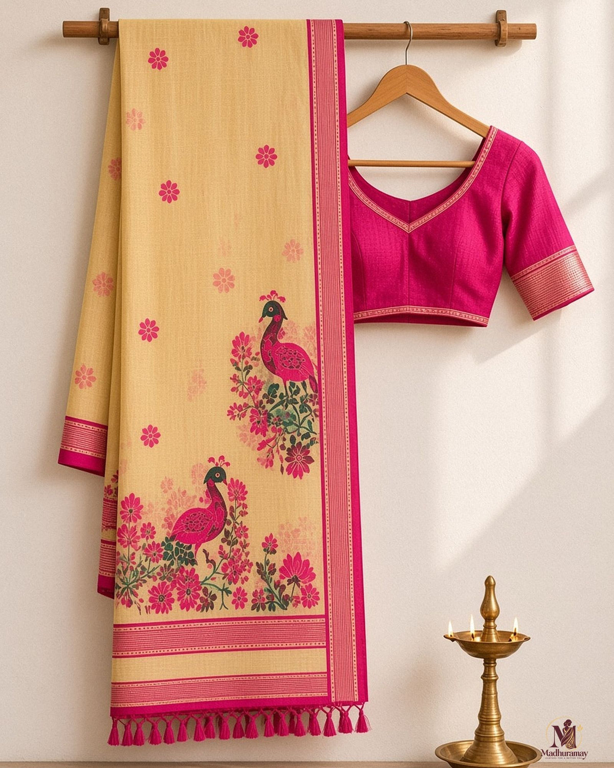 Pale Yellow Peacock Print Festive Saree with Magenta Border - image 2