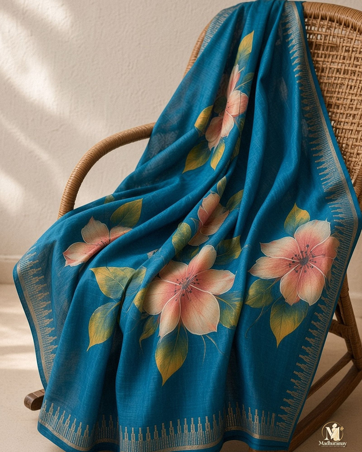 Teal Blue Festive Bloom Saree with Zari Border - image 5