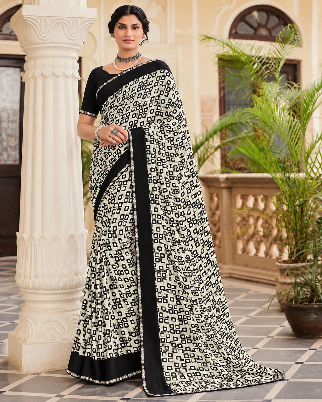 Black & White Geometric Evening Party Saree - image 6