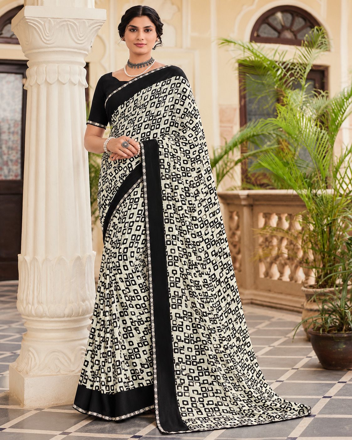 Black & White Geometric Evening Party Saree - image 6