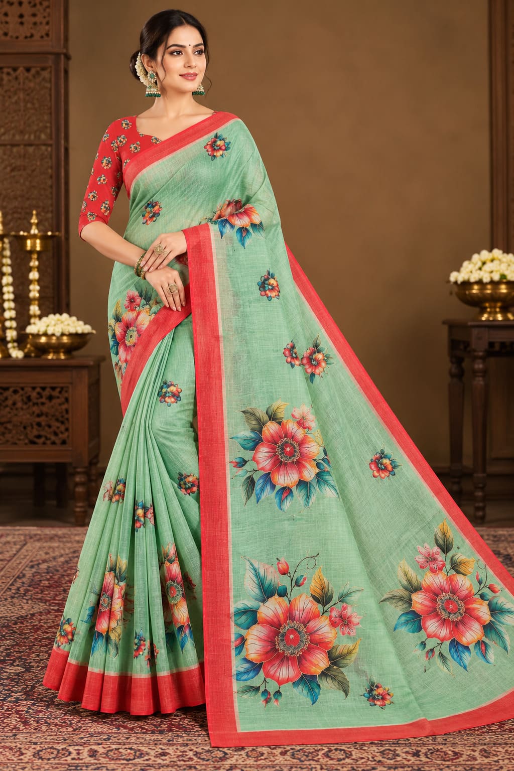 Seafoam Mint Floral Festive Saree with Coral Red Border - image 6