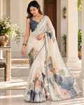 Ivory Floral Festive Saree with Blue Lace & Mirror-Work Border - image 1