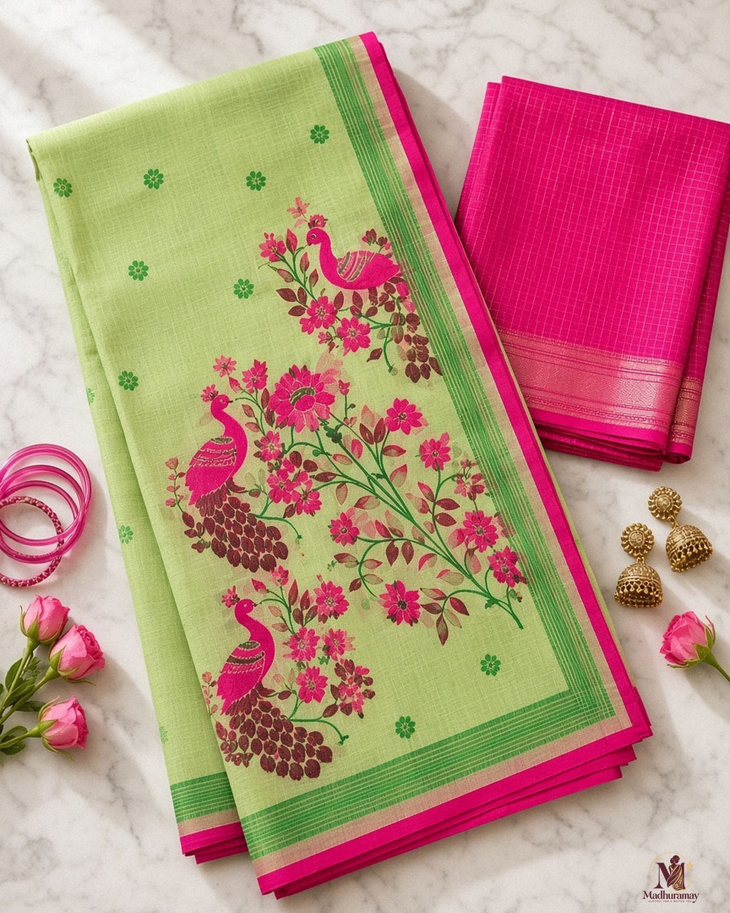 Pistachio Green Peacock Pallu Festive Saree - image 3