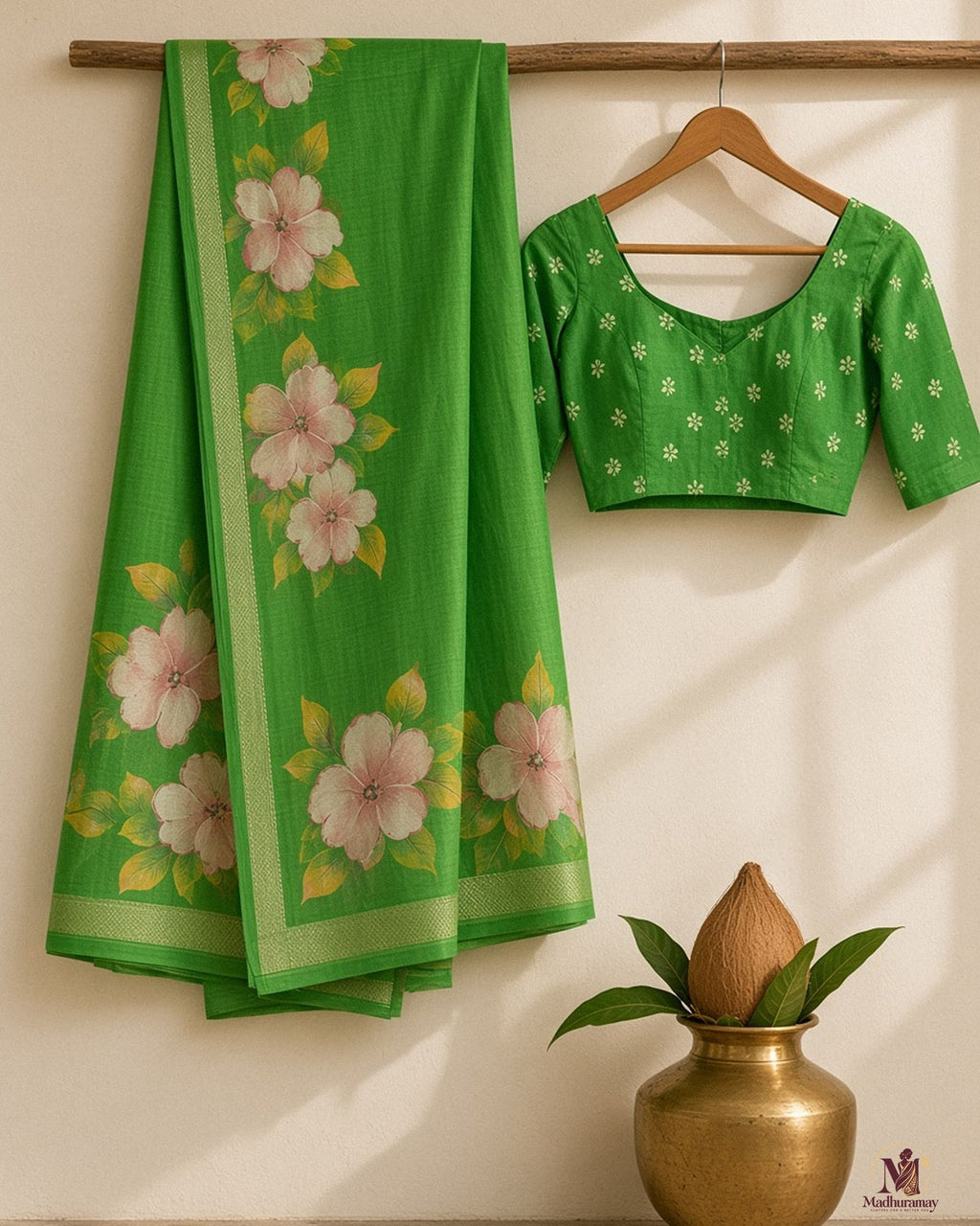 Green Festive Bloom Saree with Zari Border - image 2