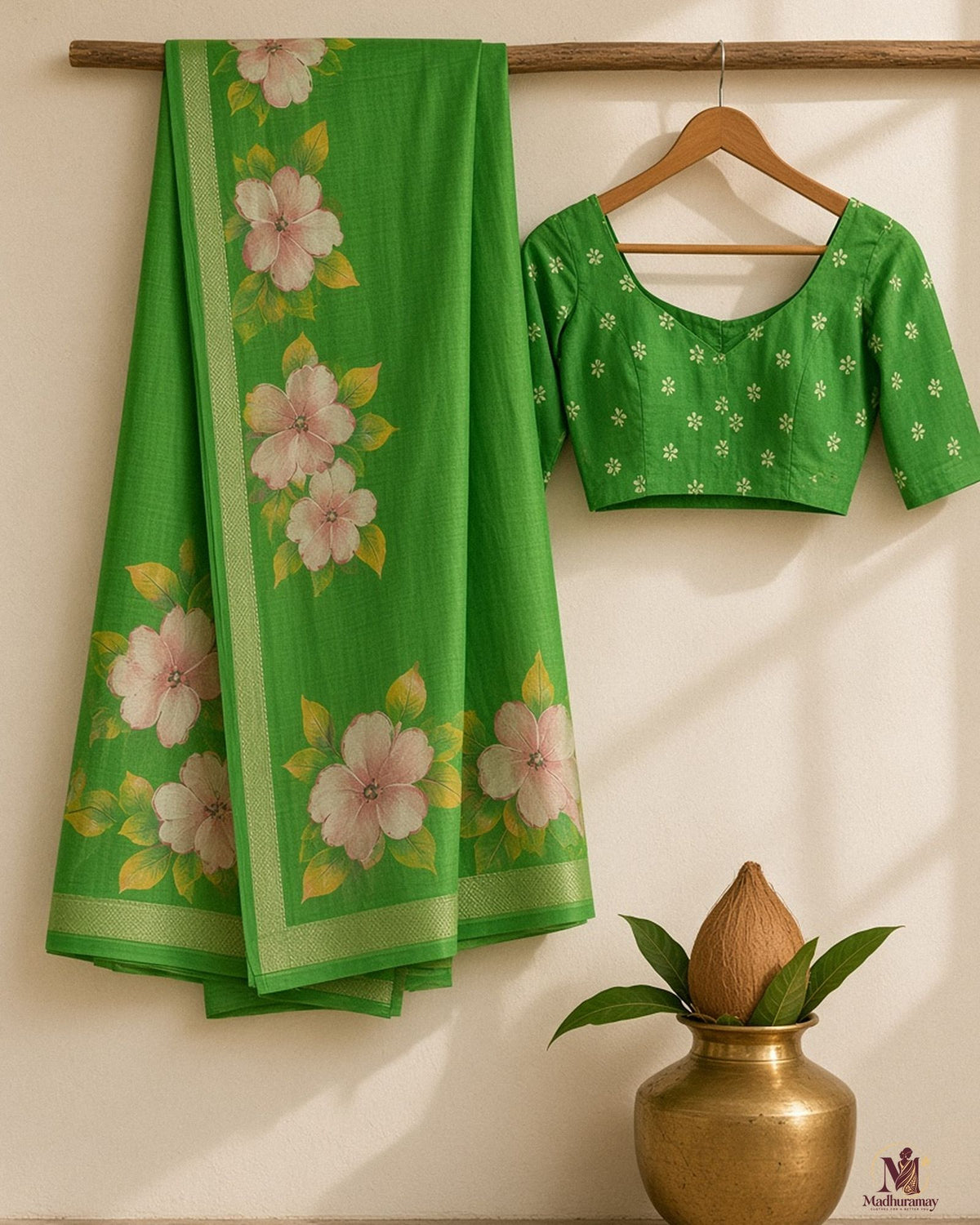 Green Festive Bloom Saree with Zari Border - image 2