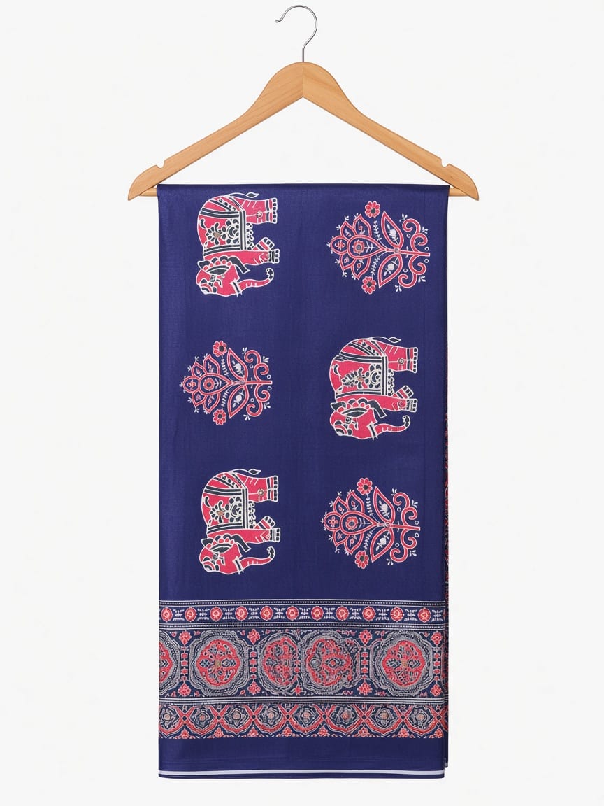 Semi-Ajrak Blue Printed Soft Silk Saree with Mirror Work & Unstitched Blouse - image 4