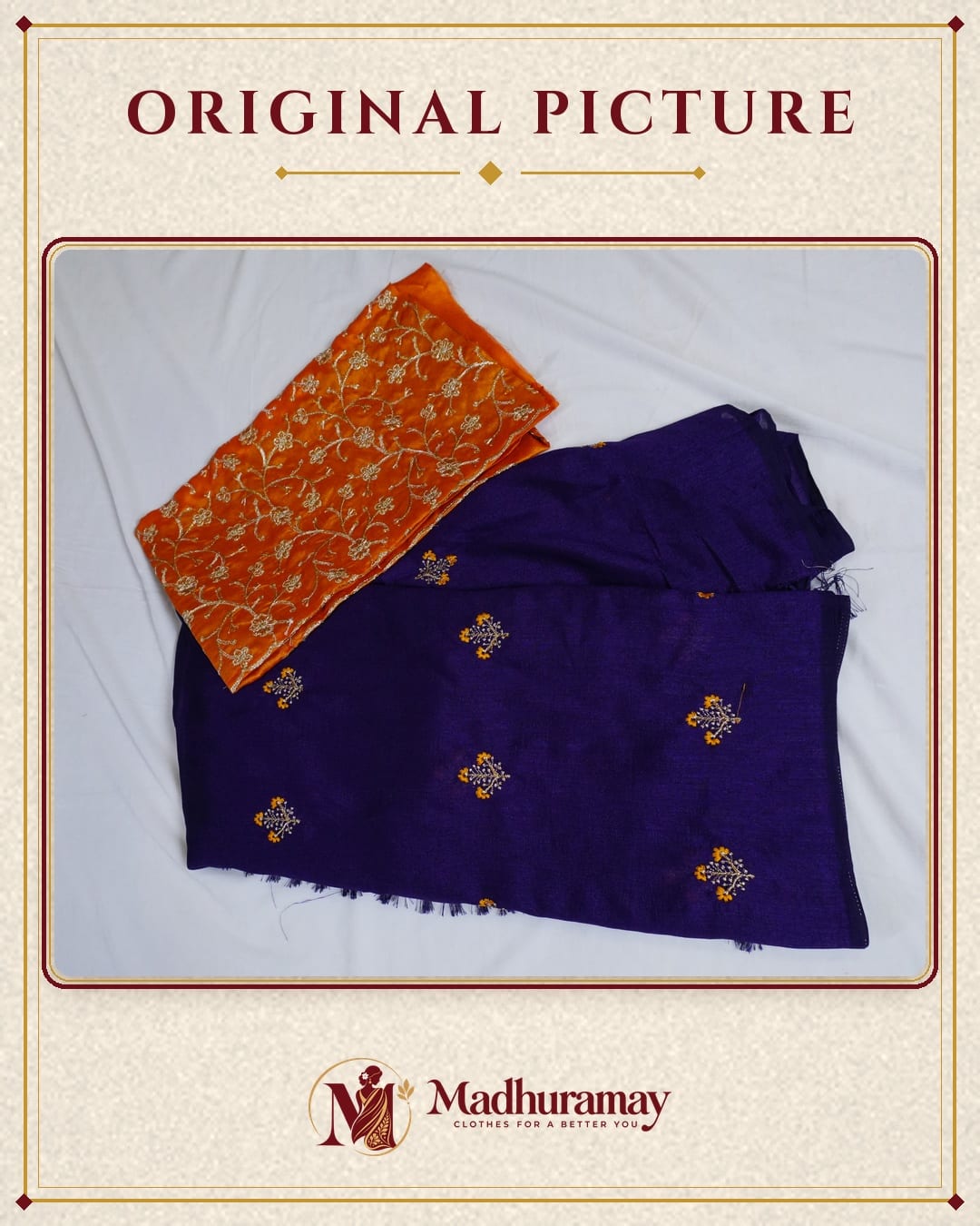 Royal Purple Floral Bouquet Embroidered Festive Saree with Mustard Blouse - image 2