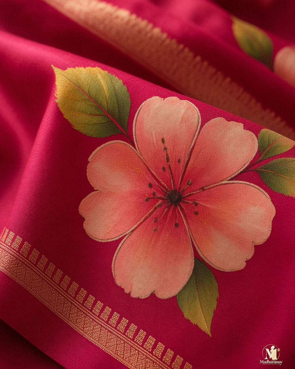 Magenta Pink Festive Bloom Saree with Zari Border - image 4