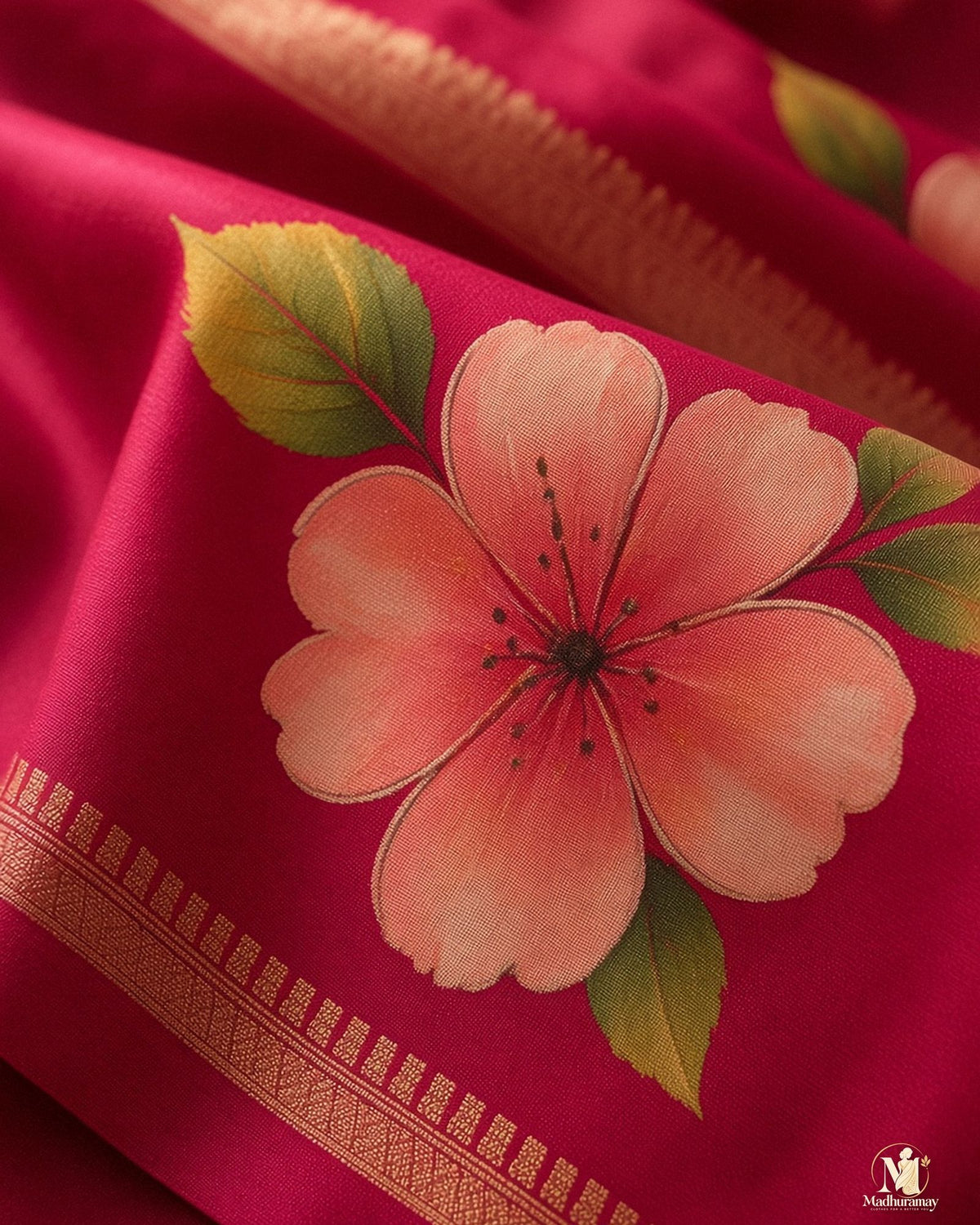 Magenta Pink Festive Bloom Saree with Zari Border - image 4
