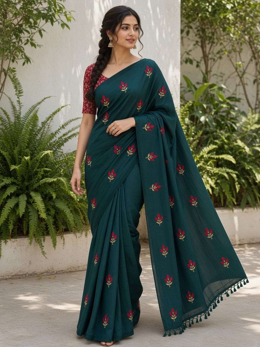 Royal Green Rose Bud Embroidered Festive Saree with Maroon Blouse - image 4
