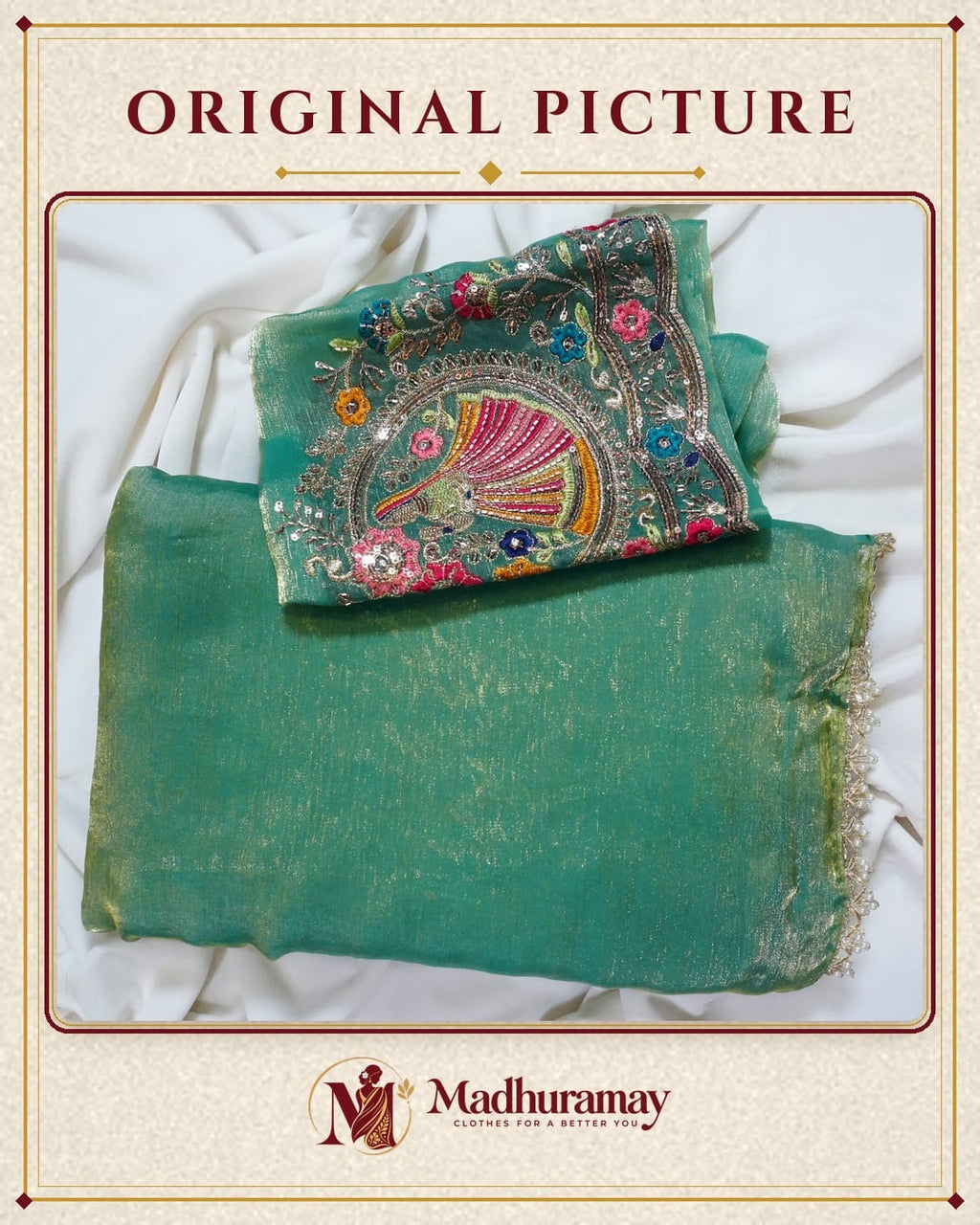Emerald Green Golden Border Party Glam Saree with Embroidered Blouse - image 2