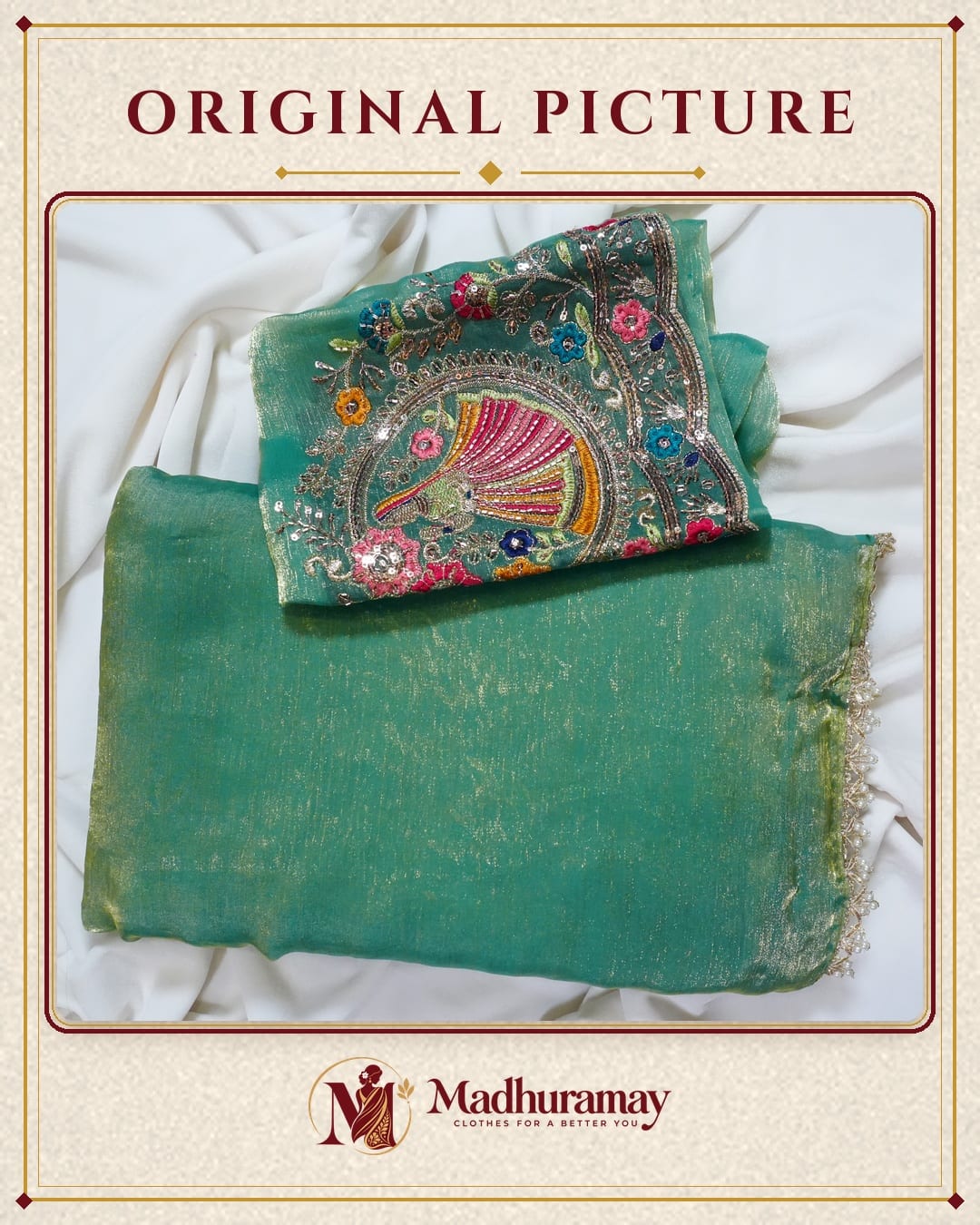 Emerald Green Golden Border Party Glam Saree with Embroidered Blouse - image 2