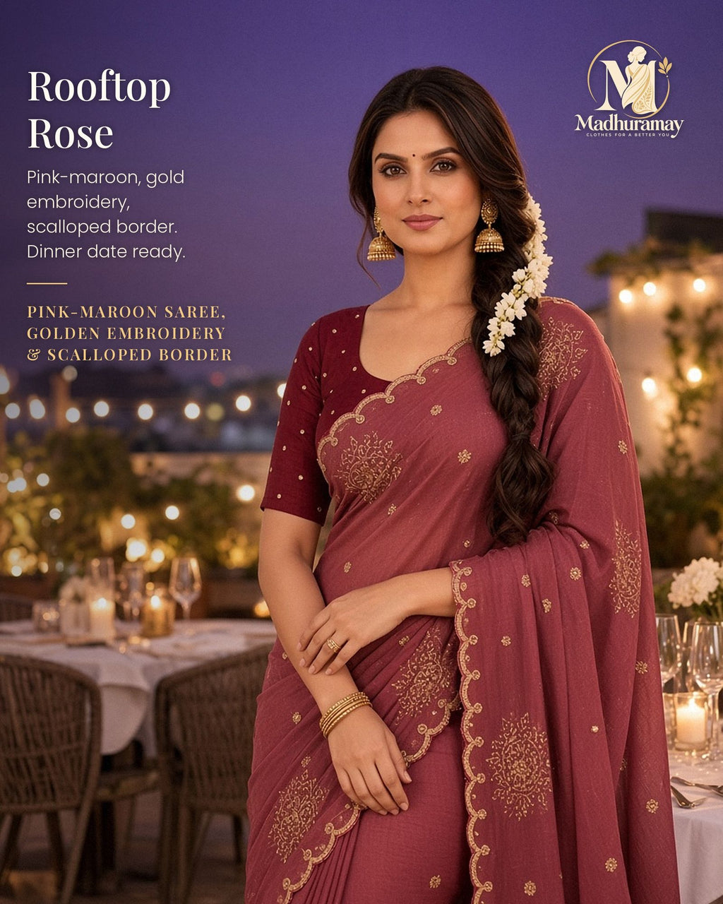 Pink-Maroon Golden Blossom Festive Saree with Scalloped Border - image 1