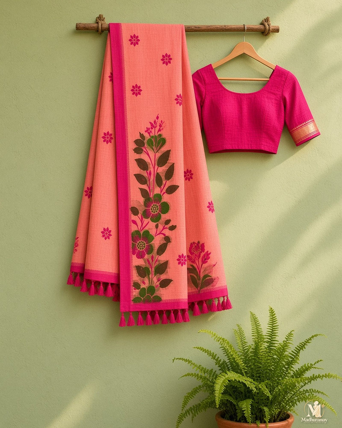 Coral Pink Floral Pallu Festive Saree - image 2